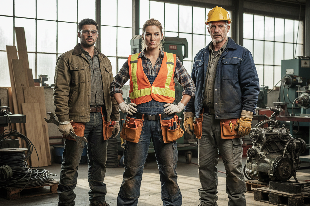 3 menschen die aussehen wir handwerker und arbeitskleidung tragen