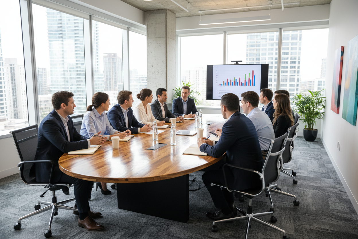 generiere eine gruppe von leuten im büro beim meeting